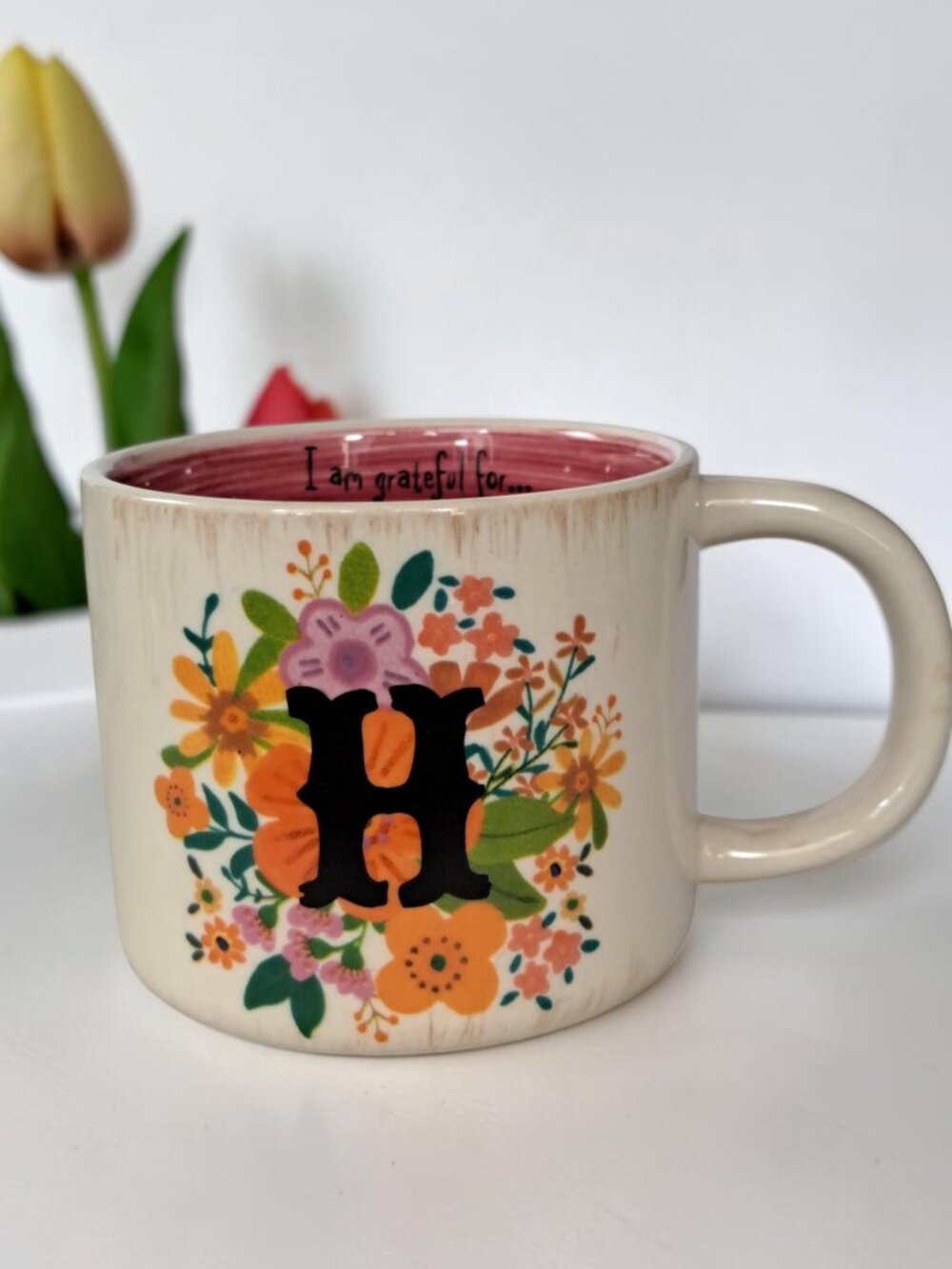Natural Life I am Grateful For Floral Initial H Monogram Mug